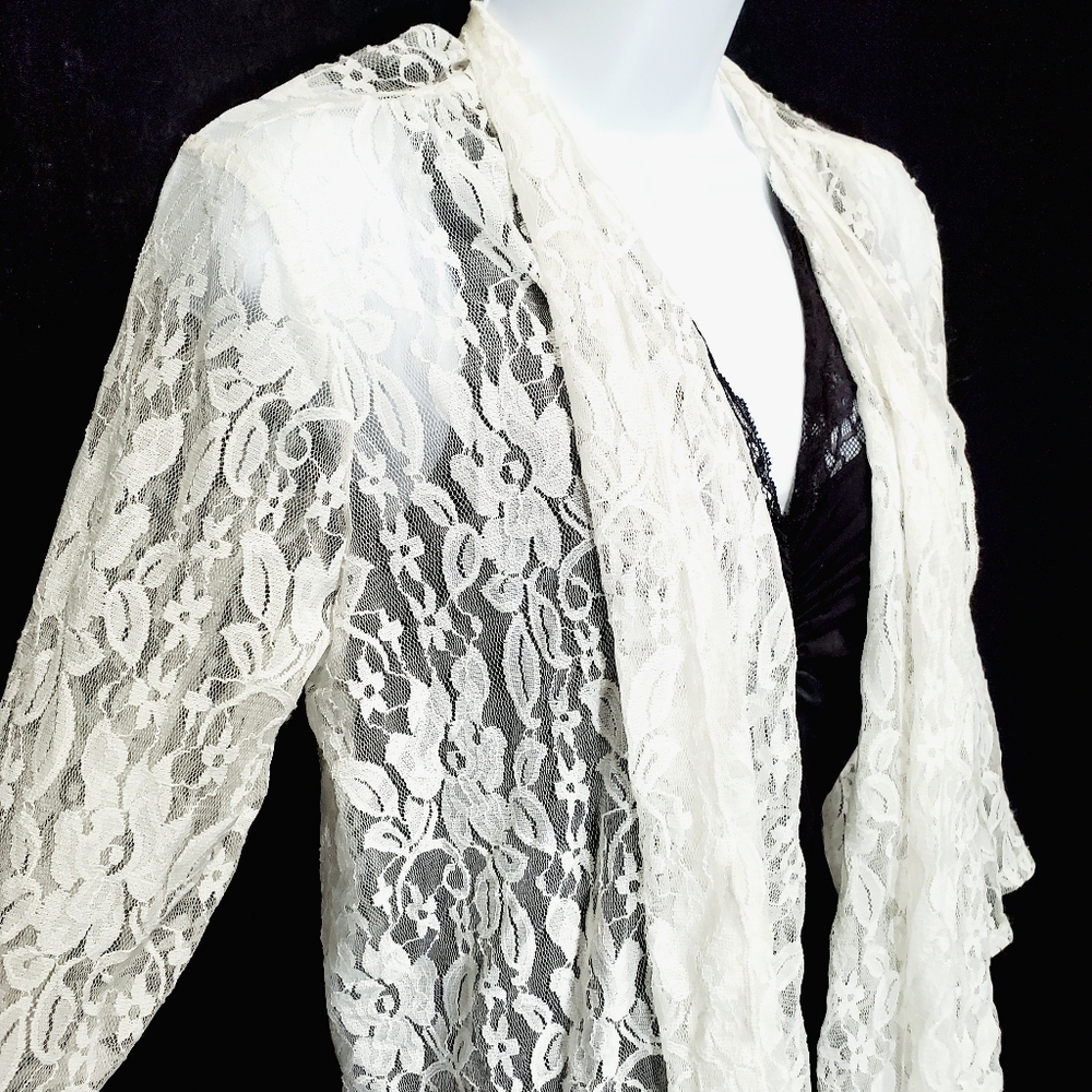 Slinky Brand White Lace 1/2 Sleeve Open Front Drape Cardigan Sweater Size L EUC